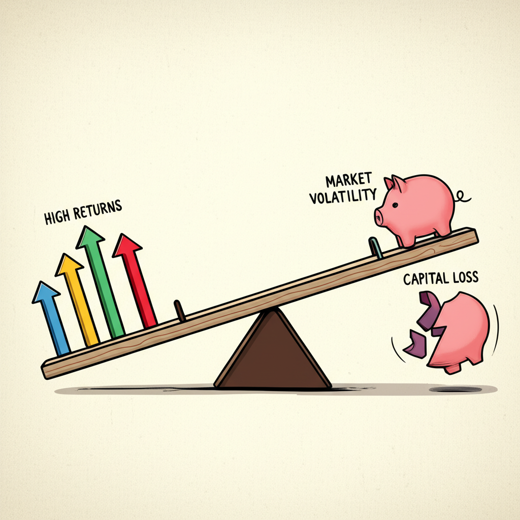 ภาพประกอบตาชั่งที่สมดุลระหว่างผลตอบแทนสูงกับความผันผวนของตลาดและความเสี่ยงขาดทุนเงินต้น