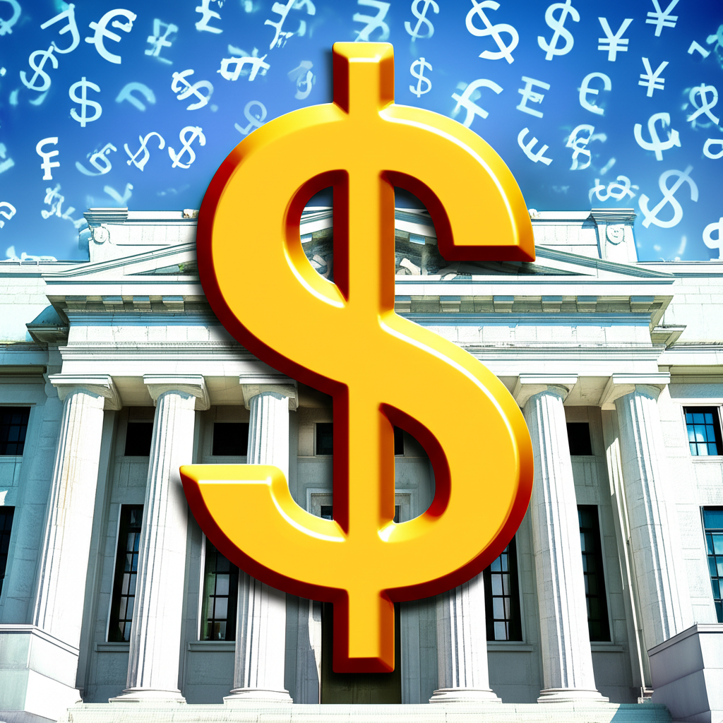 US dollar symbol USD ISO code with Federal Reserve building and global currency symbols