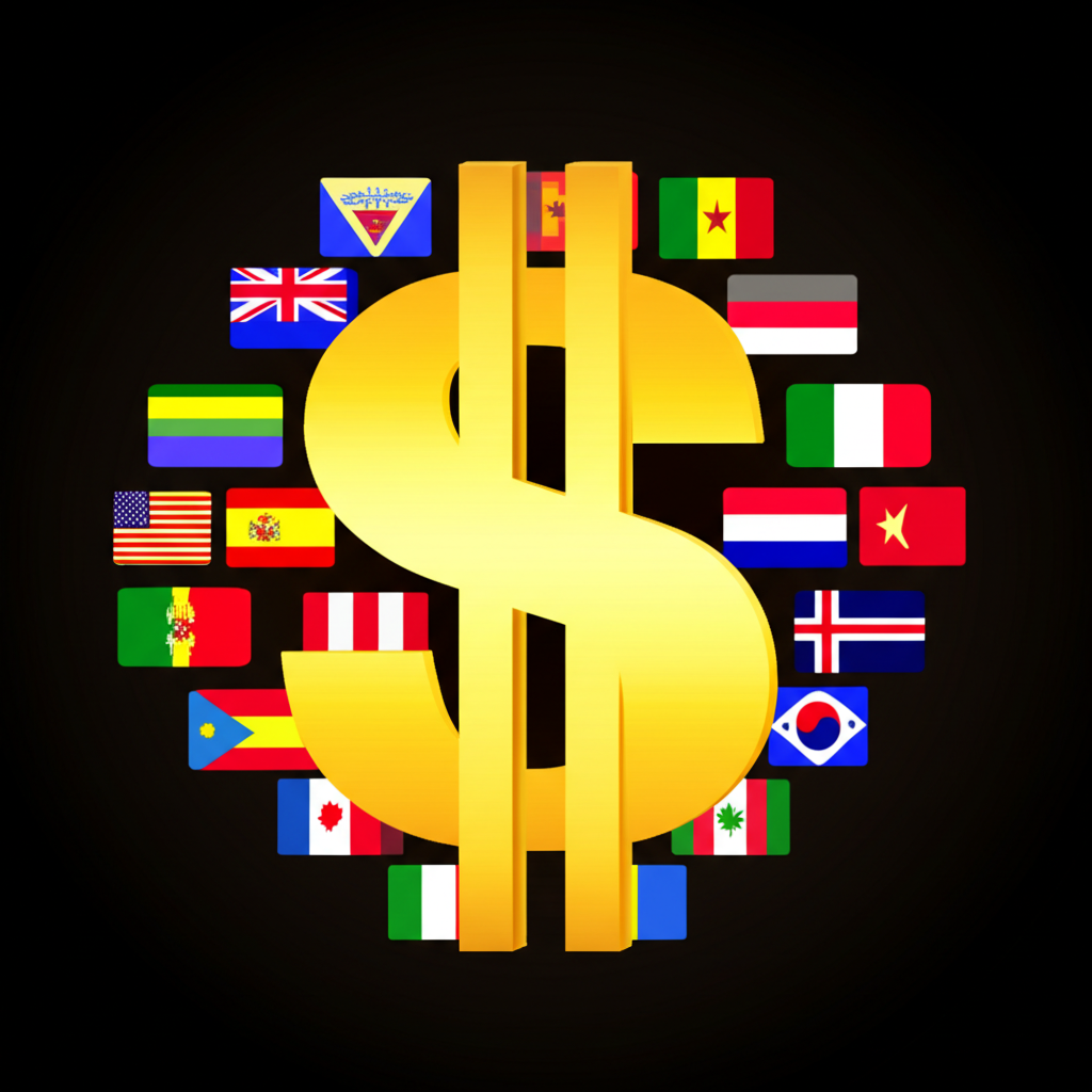 Large dollar sign surrounded by flags and central banks symbolizing global reserve currency role