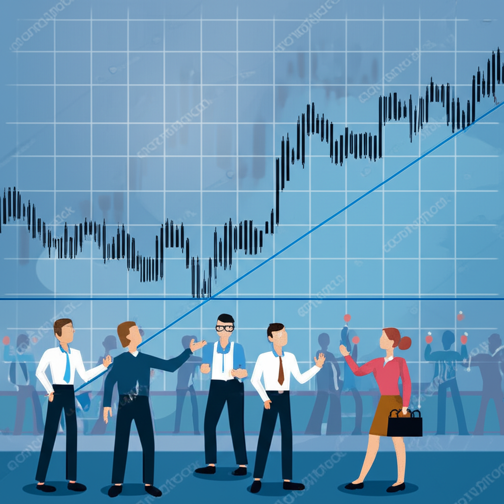 ภาพประกอบกราฟหุ้นที่แสดงเส้นแนวรับปกป้องสินทรัพย์ในตลาดพร้อมฉากนักลงทุน