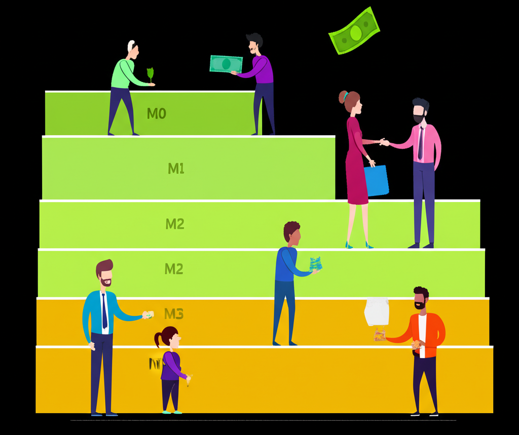 Tiered money system M0 M1 M2 M3 illustrating liquidity levels and interactions
