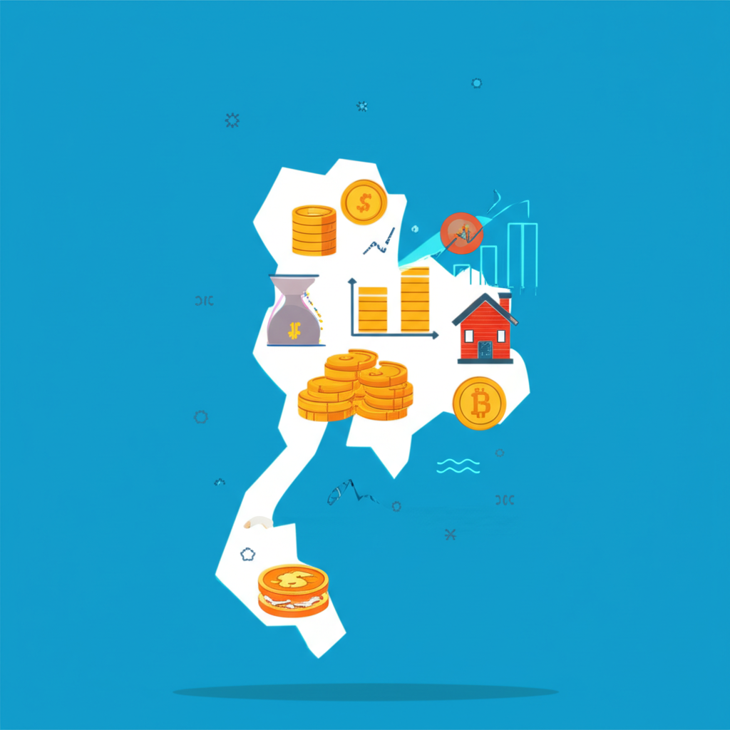 ภาพประกอบสัญลักษณ์การลงทุนต่างๆ เช่น หุ้น กองทุน อสังหาริมทรัพย์ และคริปโตที่โผล่ขึ้นจากแผนที่ประเทศไทย