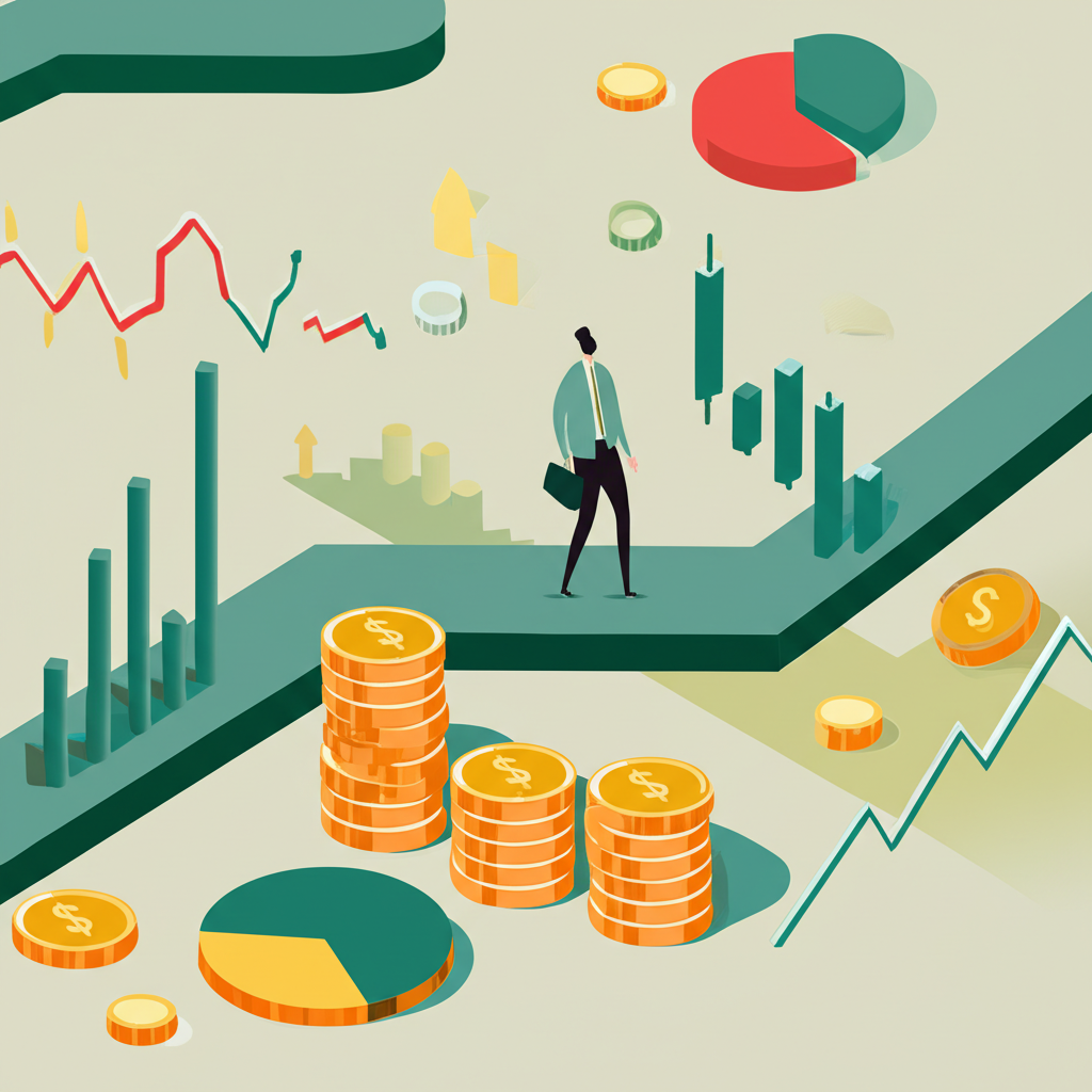 ภาพประกอบนักลงทุนนำทางภูมิทัศน์ทางการเงินที่ซับซ้อนพร้อมสินทรัพย์หลากหลายและกราฟการเติบโต
