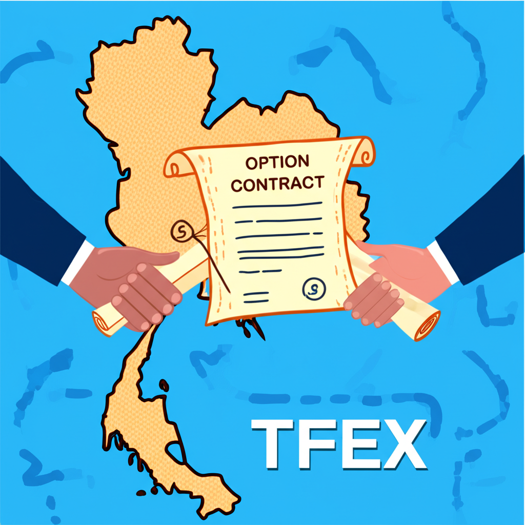 ภาพประกอบมือแลกเปลี่ยนม้วนกระดาษที่แทนสัญญาออฟชั่นเหนือแผนที่ประเทศไทยพร้อมโลโก้ TFEX