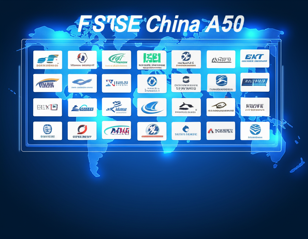 Digital screen displaying the FTSE China A50 index with logos of 50 blue-chip Chinese companies