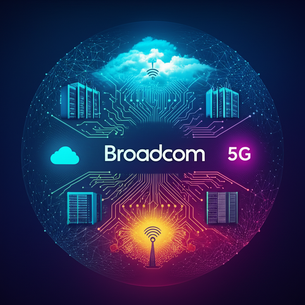 Broadcom logo with AI, cloud, and 5G trends