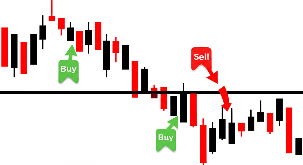 ภาพประกอบกราฟราคาที่แสดงการลดลงมาถึงเส้นแนวรับแล้วเด้งกลับขึ้นพร้อมสัญลักษณ์ซื้อและขาย
