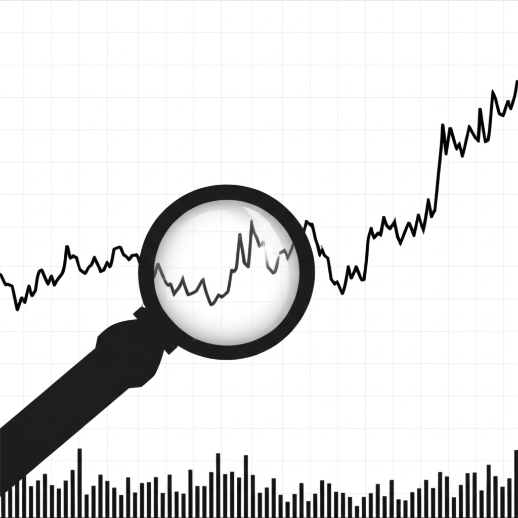 Magnifying glass examining a stock chart of 50 major Chinese A-Share companies mirroring the national economy