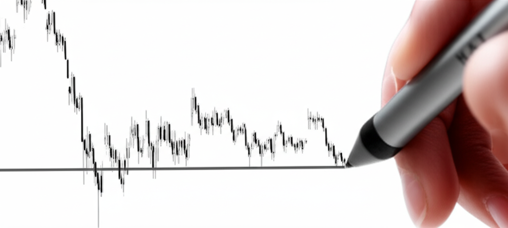 ภาพประกอบมือกำลังวาดเส้นแนวนอนบนกราฟหุ้นเชื่อมจุดต่ำสุดในอดีต