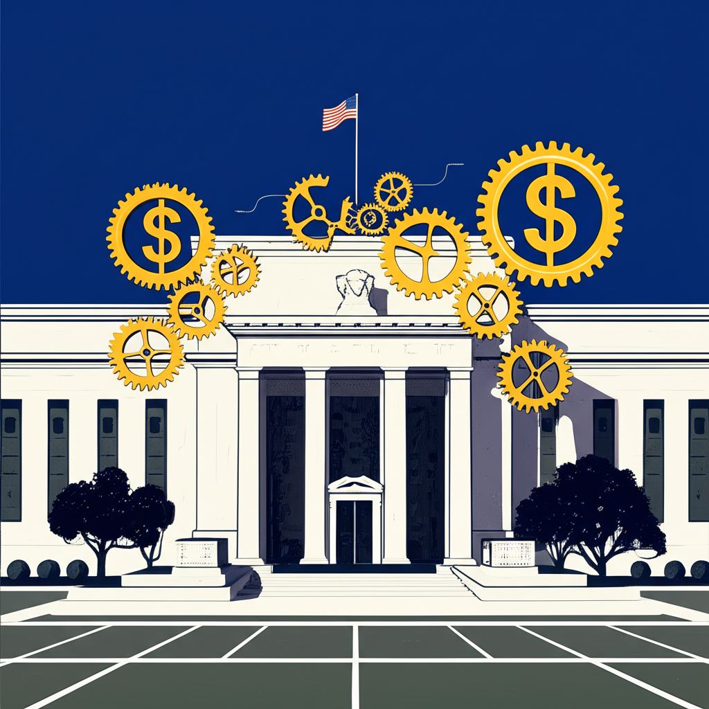 ภาพประกอบตึกธนาคารกลางสหรัฐพร้อมเฟืองกลไก สื่อถึงนโยบายการเงินที่ส่งผลต่อมูลค่าดอลลาร์