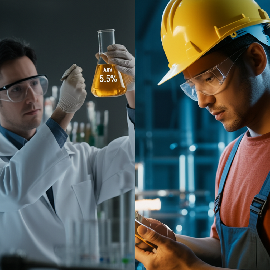 Illustration of a scientist with a beaker showing ABV percentage and an industrial worker checking a gas detector for %vol readings