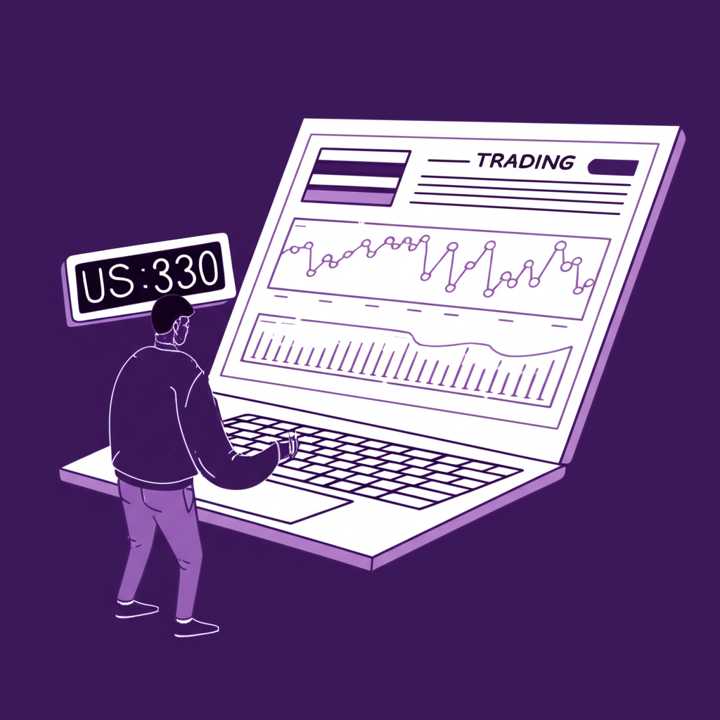 ภาพประกอบคนไทยกำลังดูแพลตฟอร์มเทรด US30 พร้อมนาฬิกาแสดงเวลาตลาด
