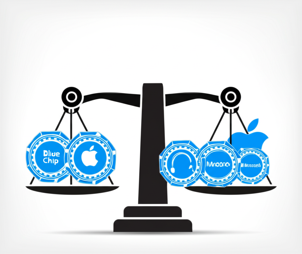 ภาพประกอบโลโก้บริษัทบลูชิพอย่าง Apple และ Microsoft บนตาชั่งที่แสดงการถ่วงน้ำหนักด้วยราคา