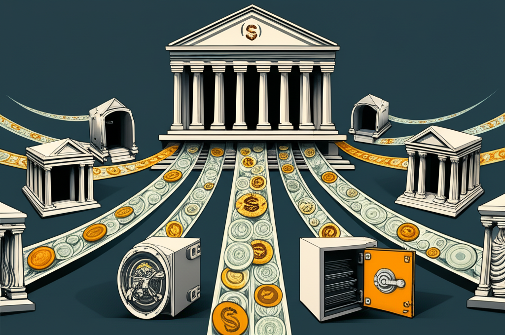 Central bank building with money flowing as currency to commercial bank vaults