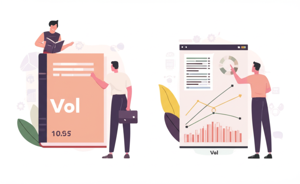 Illustration of a person reading a book labeled Vol with numbers and another checking a financial chart with Vol axis for trading volume