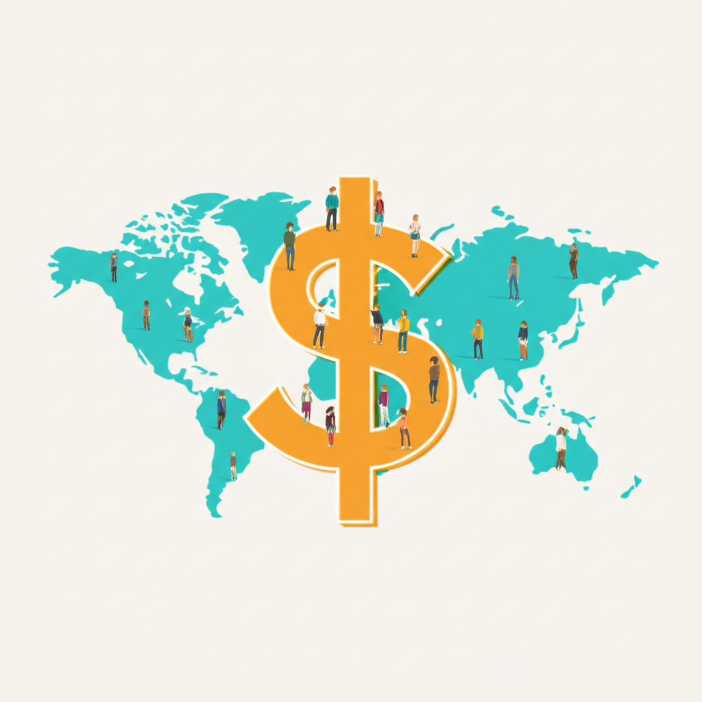 ภาพประกอบสัญลักษณ์ดอลลาร์กับแผนที่โลกและผู้คนหลากหลาย แสดงอิทธิพลทางการเงินระดับโลก
