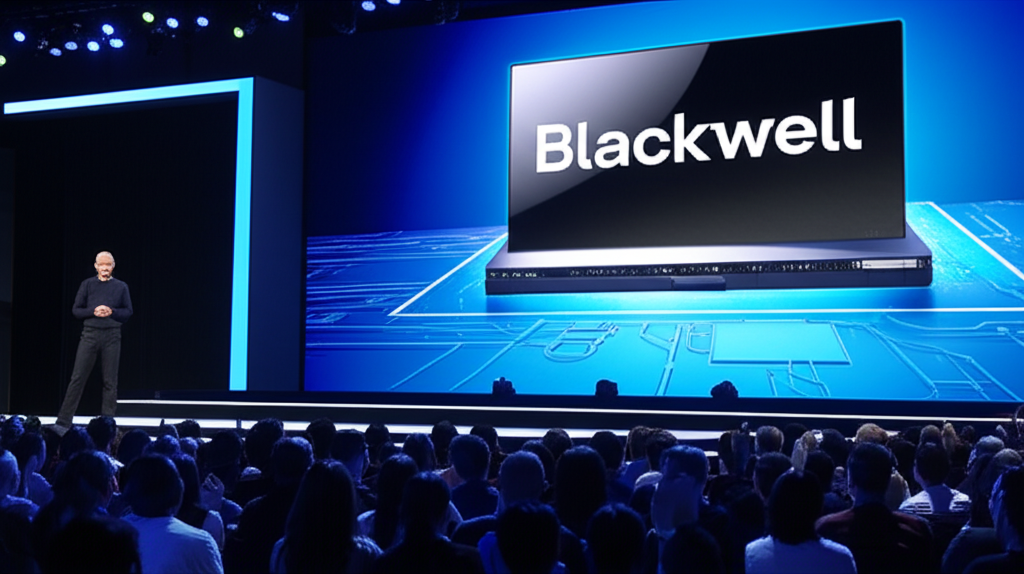 黃仁勳在科技大會宣布Blackwell平台的插圖，觀眾充滿驚嘆