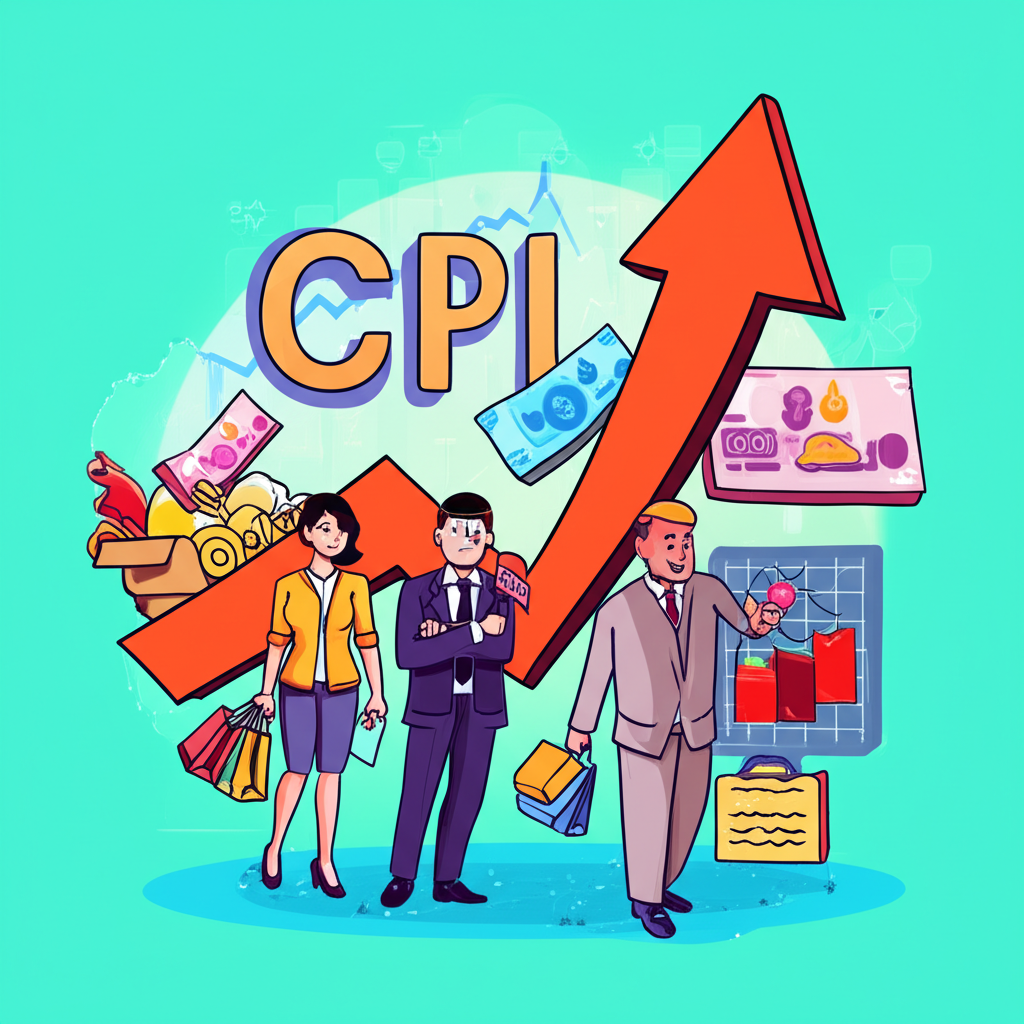 ภาพประกอบคนไทยในฐานะผู้บริโภค นักลงทุน และผู้ประกอบการกำลังดูกราฟ CPI ที่กำลังเพิ่มขึ้น พร้อมสัญลักษณ์เงินและสินค้า