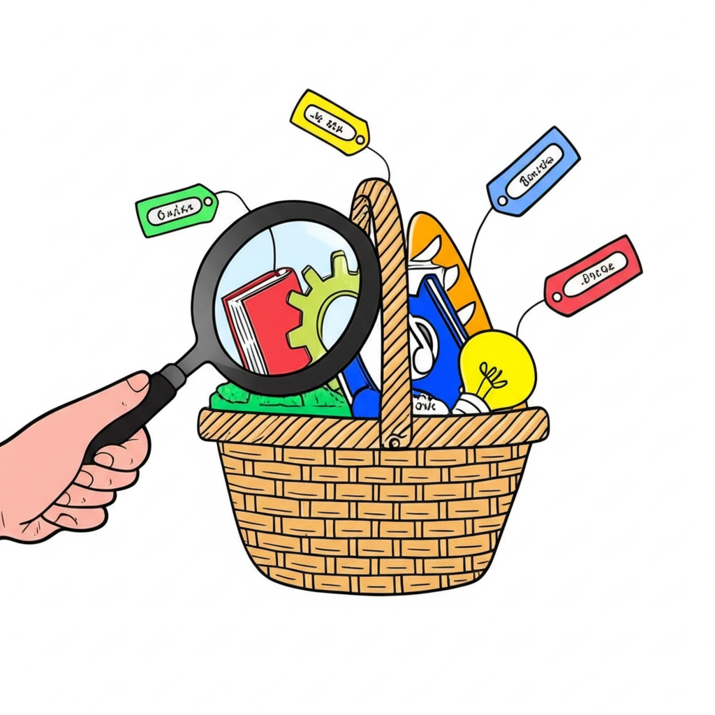 ภาพประกอบมือกำลังใช้แว่นขยายดูตะกร้าสินค้าและบริการหลากหลายที่มีป้ายราคา