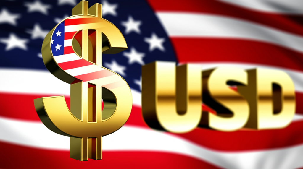ภาพประกอบสัญลักษณ์ดอลลาร์ขนาดใหญ่พร้อมตัวอักษร USD และธงชาติสหรัฐ สื่อถึงสกุลเงินระดับโลก