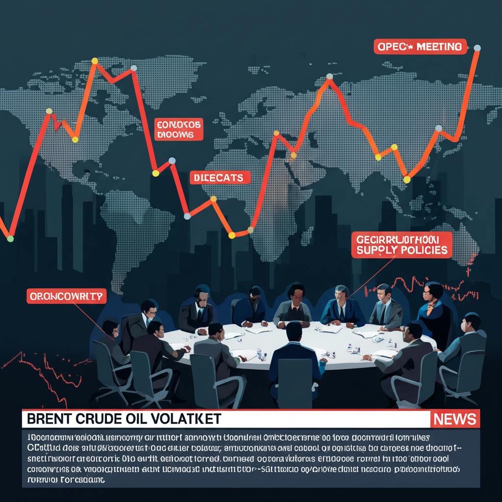 布蘭特原油市場波動插圖，展示全球經濟圖表、OPEC+會議、地緣政治緊張地圖與新聞滾動帶，涵蓋需求預測與供應政策