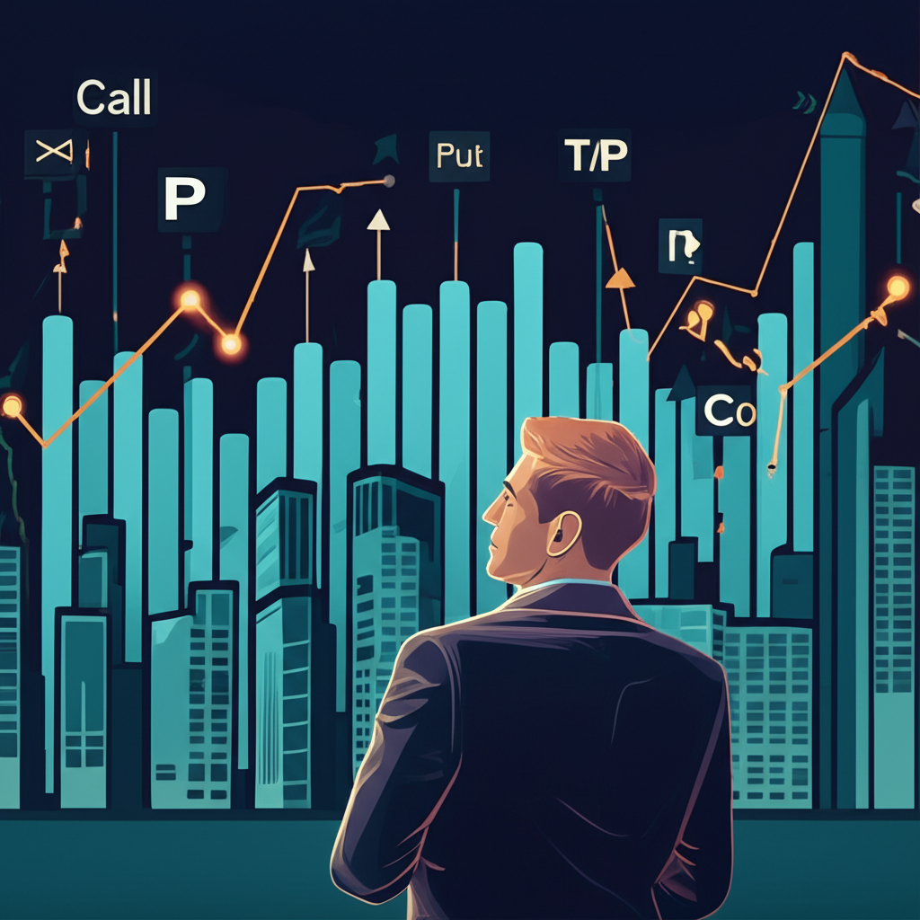 ภาพประกอบตลาดการเงินที่ซับซ้อนพร้อมสัญลักษณ์การเทรดออฟชั่นแบบง่ายและนักลงทุนที่มั่นใจ