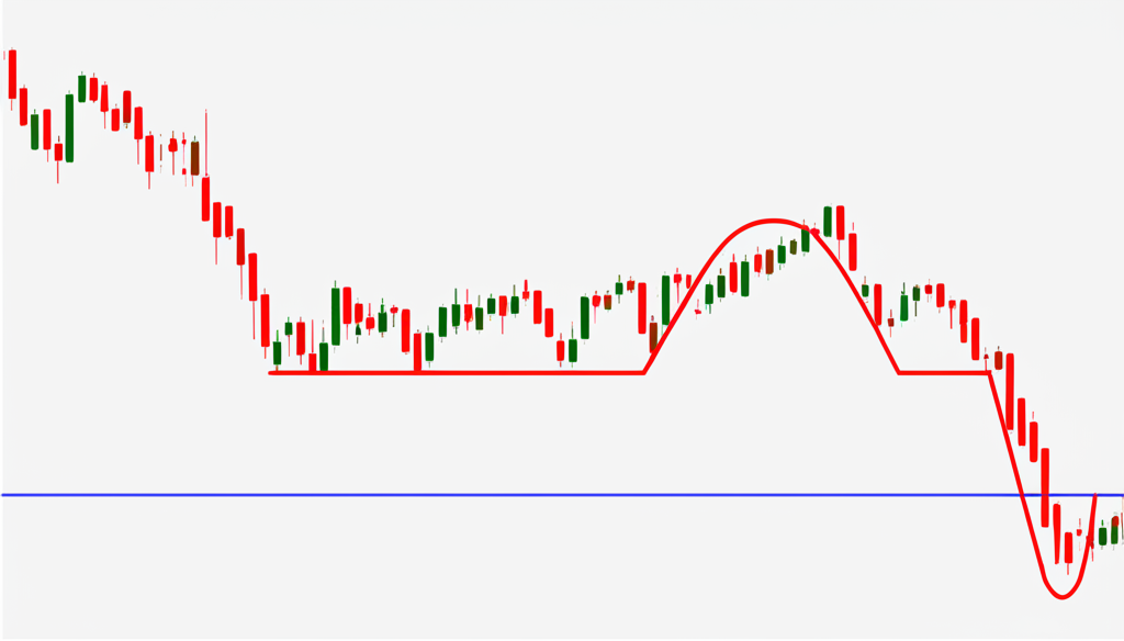 illustration of a stock chart with inverse head and shoulders pattern forming at the end of a downtrend indicating a bullish reversal