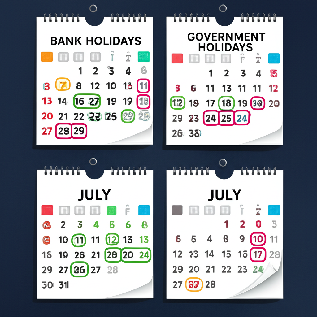 ภาพประกอบแสดงปฏิทินสองอัน หนึ่งสำหรับวันหยุดธนาคารและอีกอันสำหรับวันหยุดราชการ โดยเน้นความแตกต่างและการทับซ้อน