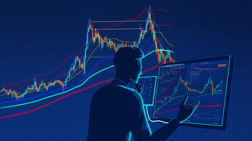 ภาพประกอบเทรดเดอร์กำลังดูหน้าจอที่แสดงเส้นดอนเชี่ยนแชนแนลกับแนวโน้มราคาและสัญญาณ breakout