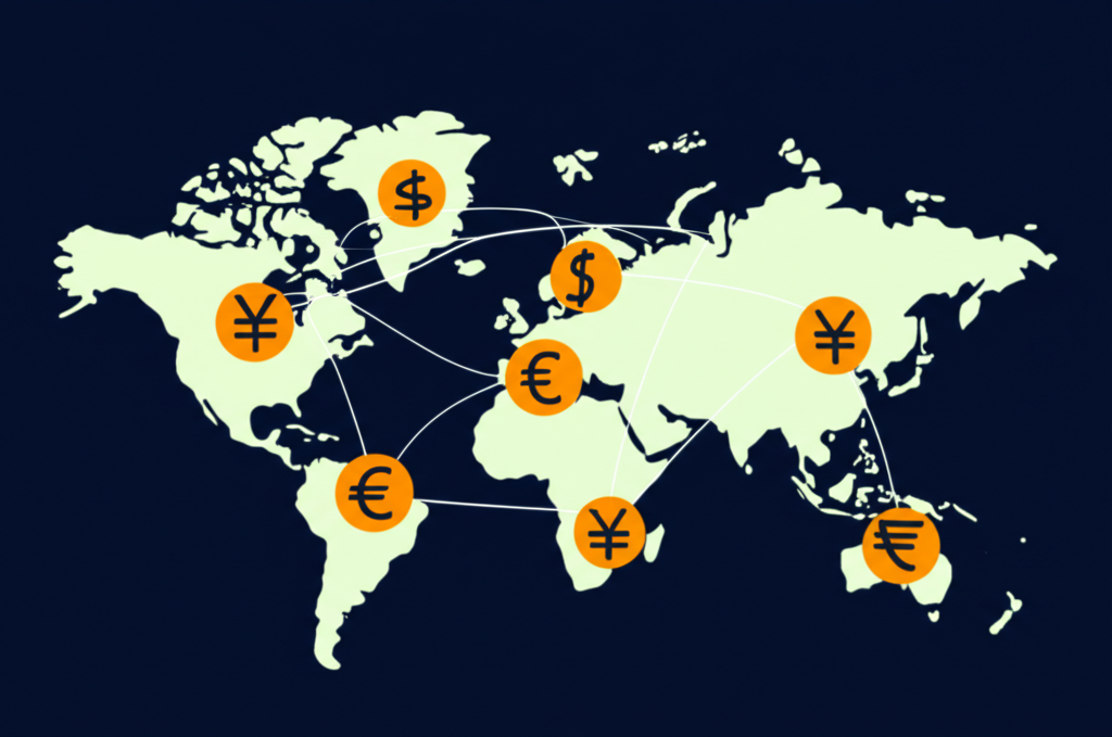 國際貨幣交換插圖,展示美元、日圓、歐元等在全球貿易和旅行中的應用