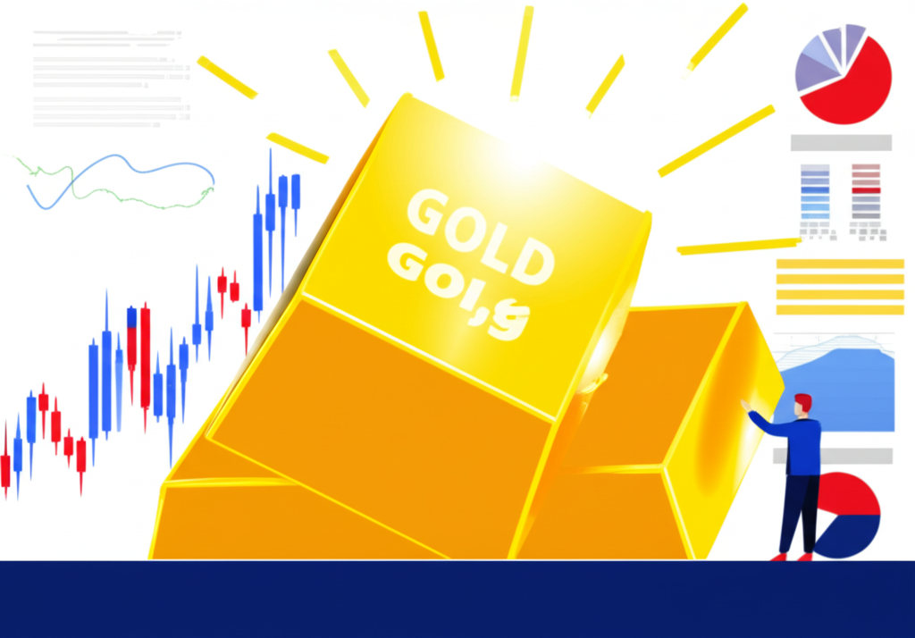 閃耀的黃金條象徵財富與安全,周圍環繞金融圖表與經濟不確定性,投資人專注研究金價趨勢