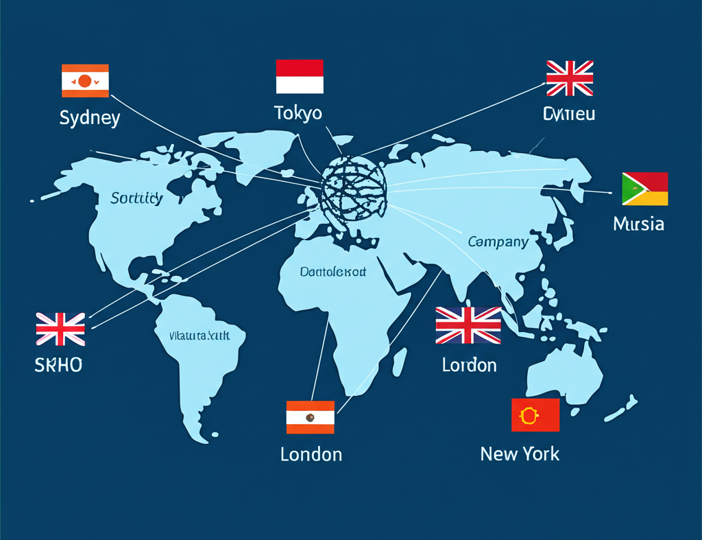 去中心化24小時外匯市場插圖,連接雪梨、東京、倫敦、紐約等金融城市