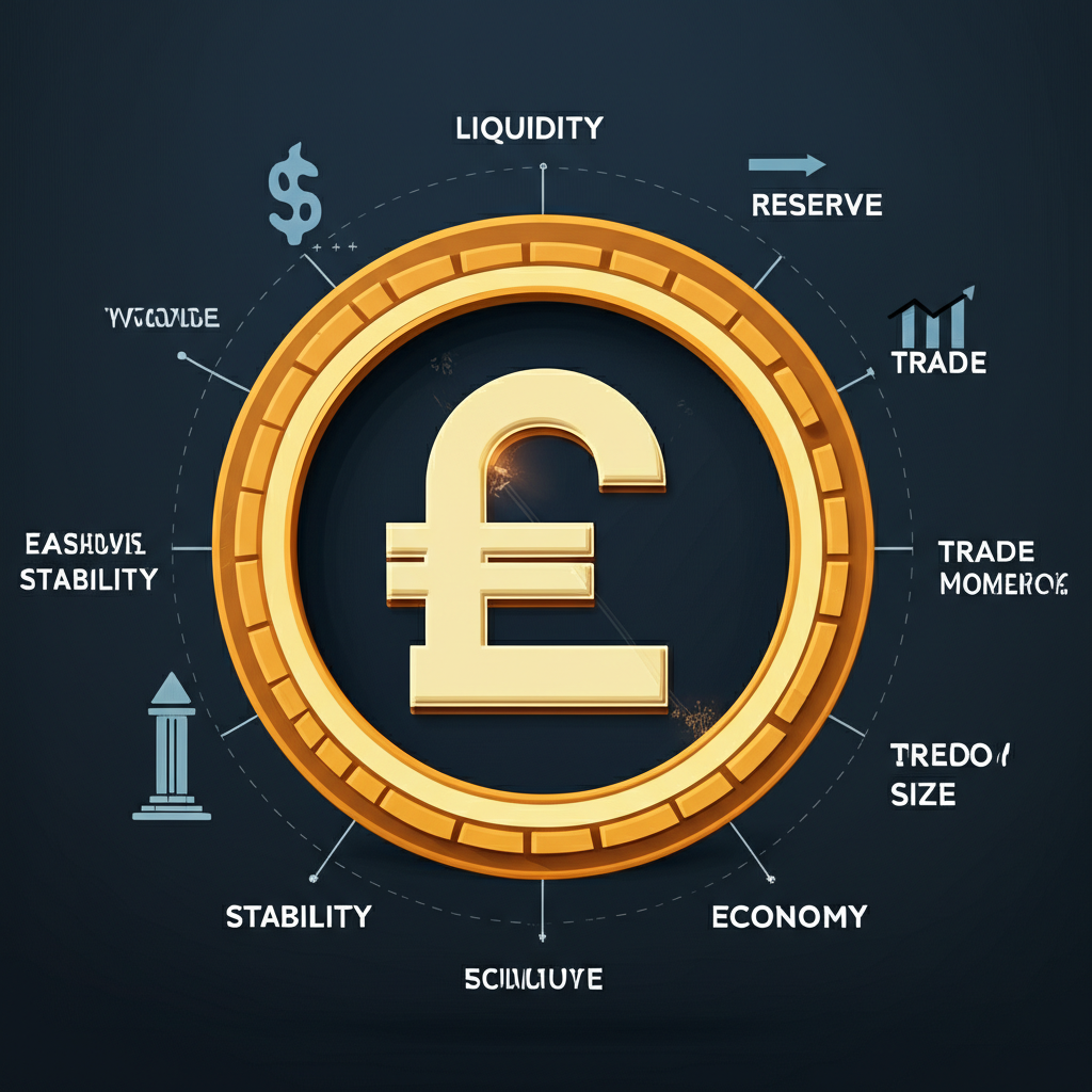 ภาพประกอบสกุลเงินที่แข็งแกร่งพร้อมไอคอนแสดงสภาพคล่อง ความเสถียร สถานะทุนสำรอง การค้า และขนาดเศรษฐกิจ