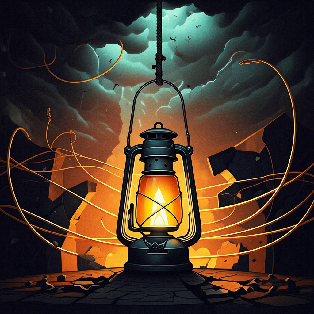 An illustration depicting Lantern Ventures as a representation of struggles in the cryptocurrency industry with visual elements of uncertainty and challenges