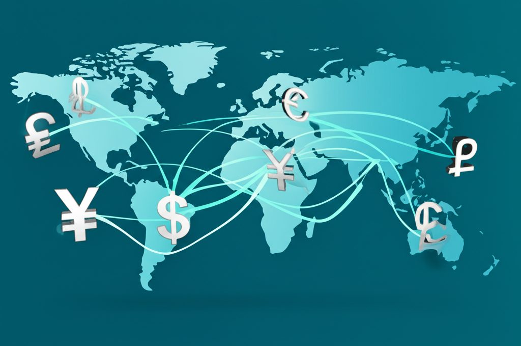ภาพประกอบเศรษฐกิจโลกเชื่อมโยงด้วยสกุลเงินหลักที่ส่งผลต่อการค้า การลงทุน และเสถียรภาพทางการเงิน