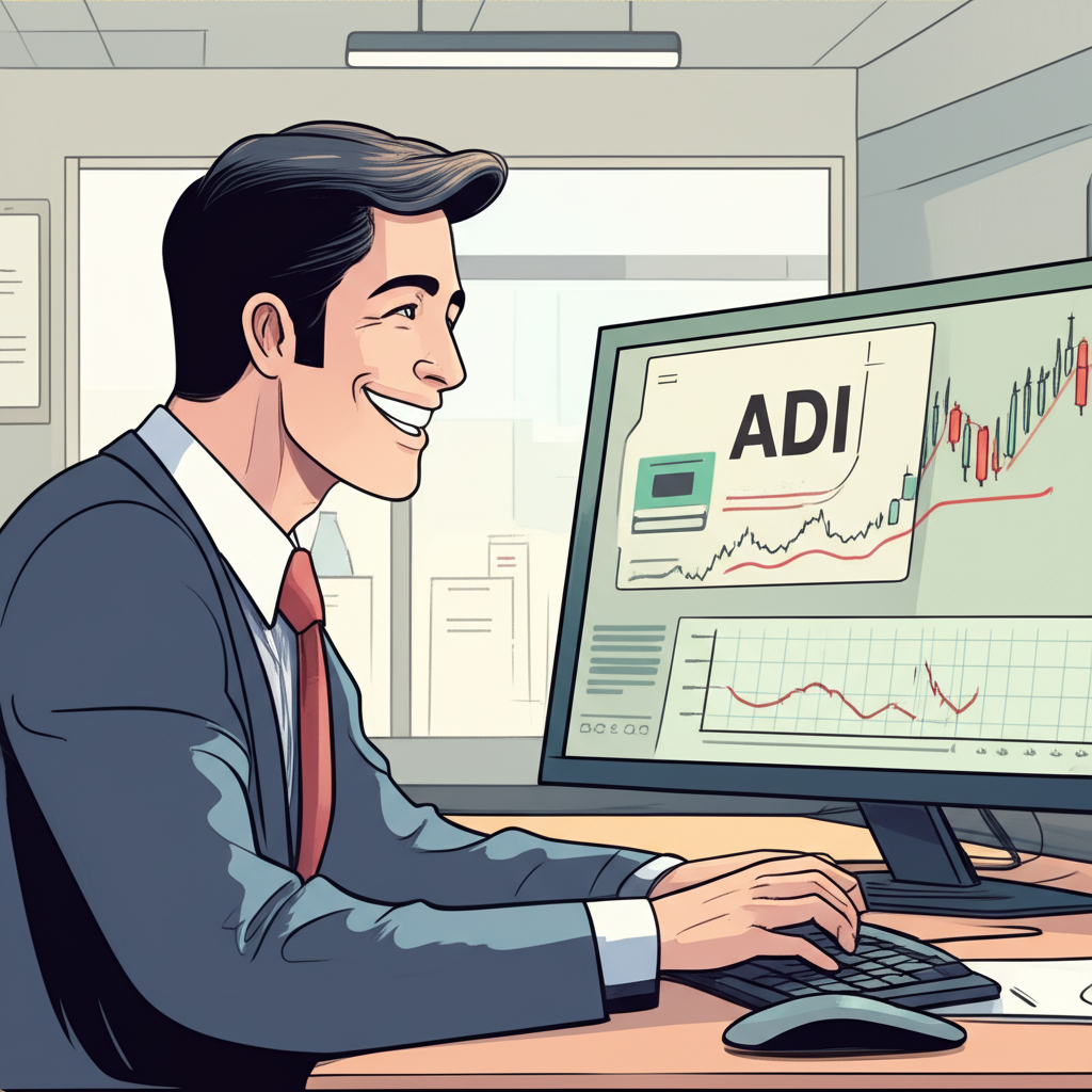 ภาพประกอบนักลงทุนชาวไทยยิ้มแย้มมองกราฟหุ้น ADI บนหน้าจอในออฟฟิศทันสมัย