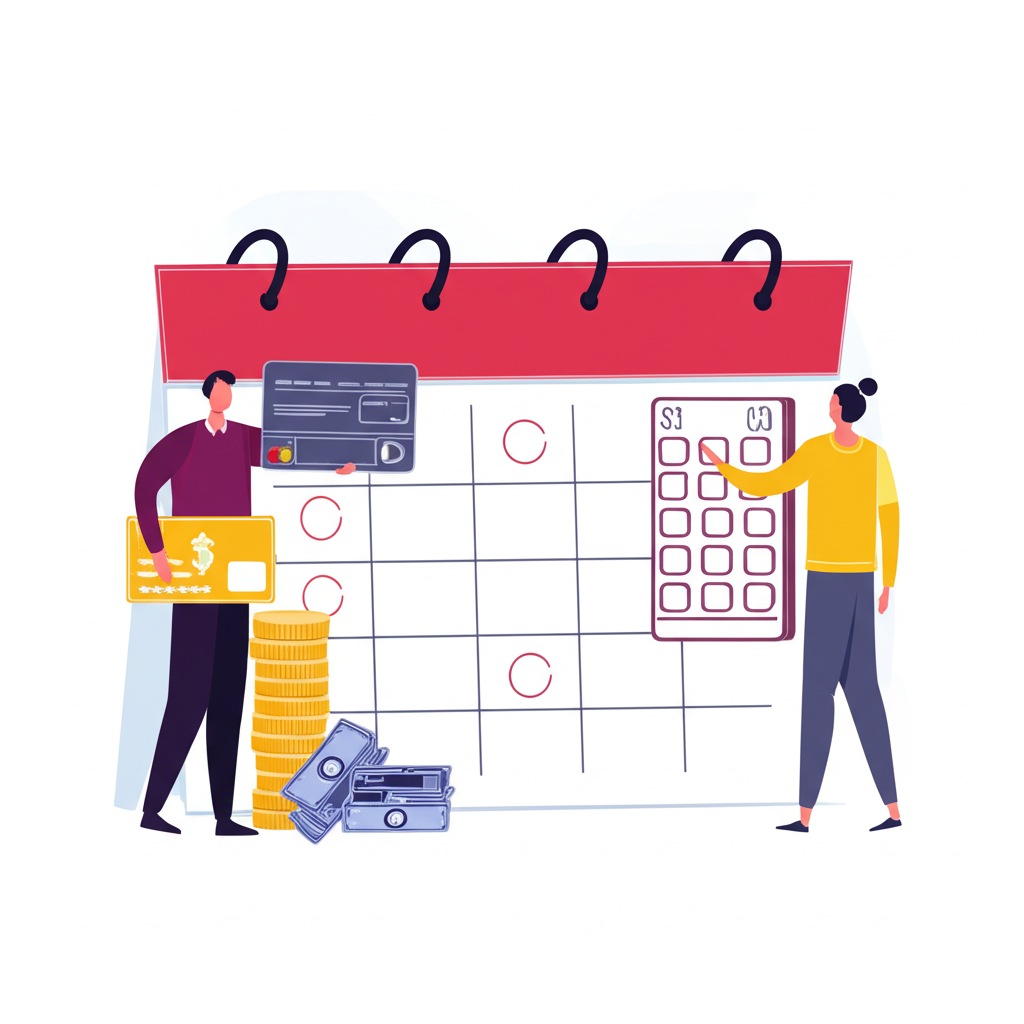 ภาพประกอบคนกำลังวางแผนการเงินบนปฏิทินที่標記วันหยุดธนาคาร แอปธนาคารดิจิทัล การจัดการเงิน การทำธุรกรรมราบรื่น