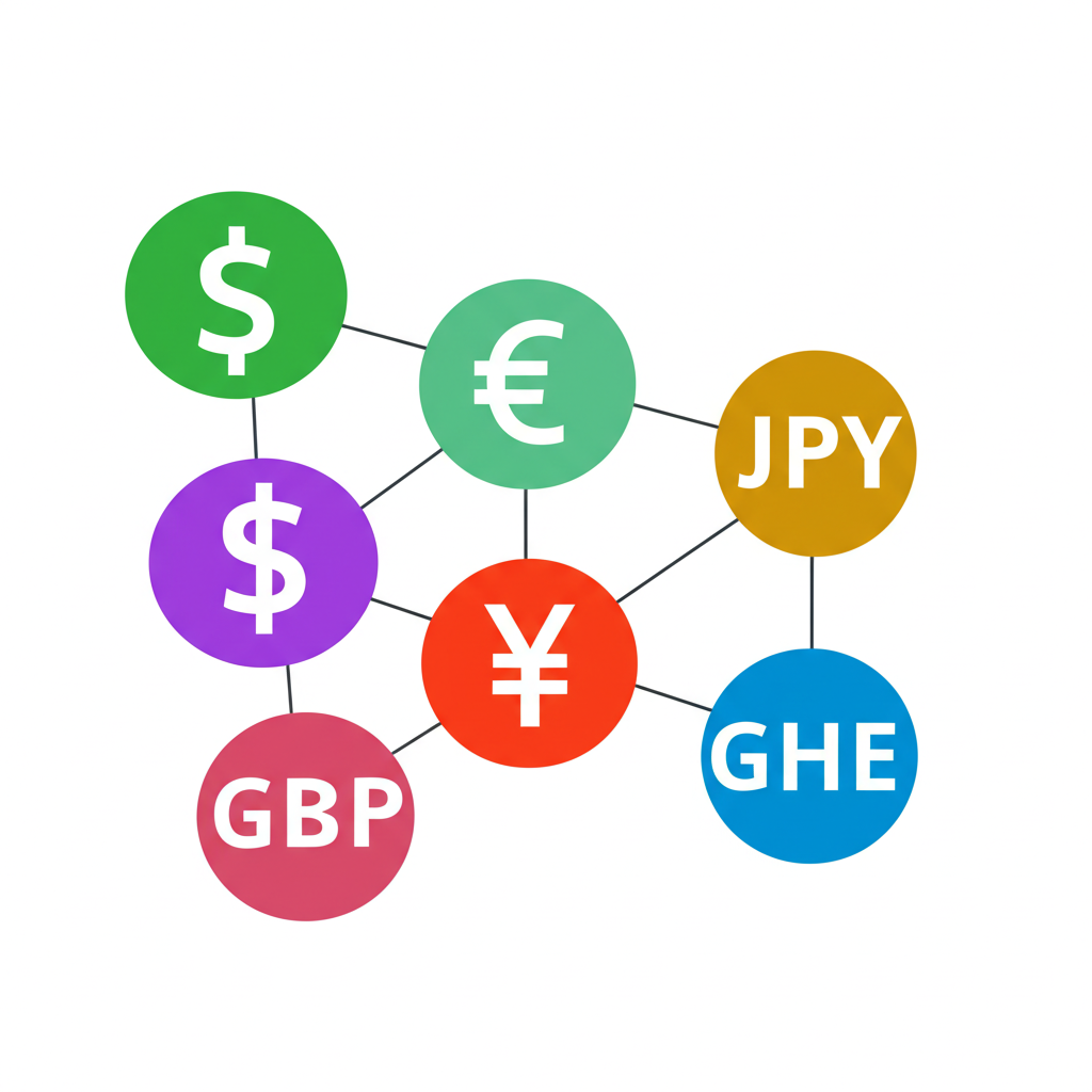 ภาพประกอบสัญลักษณ์สกุลเงินหลักทั้งห้า USD EUR JPY GBP CHF ที่ส่งผลกระทบต่อการเงินโลก