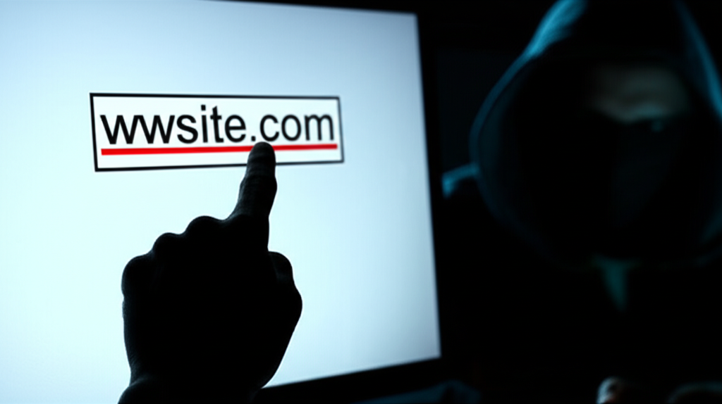 บุคคลชี้ไปที่ URL เว็บไซต์ปลอมที่มีการสะกดผิดและดีไซน์ไม่ดี กับภาพมิจฉาชีพด้านหลัง