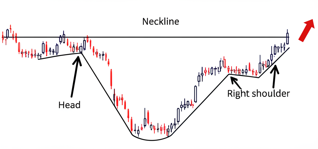 illustration of a stock chart showing inverse head and shoulders pattern a strong bullish reversal signal