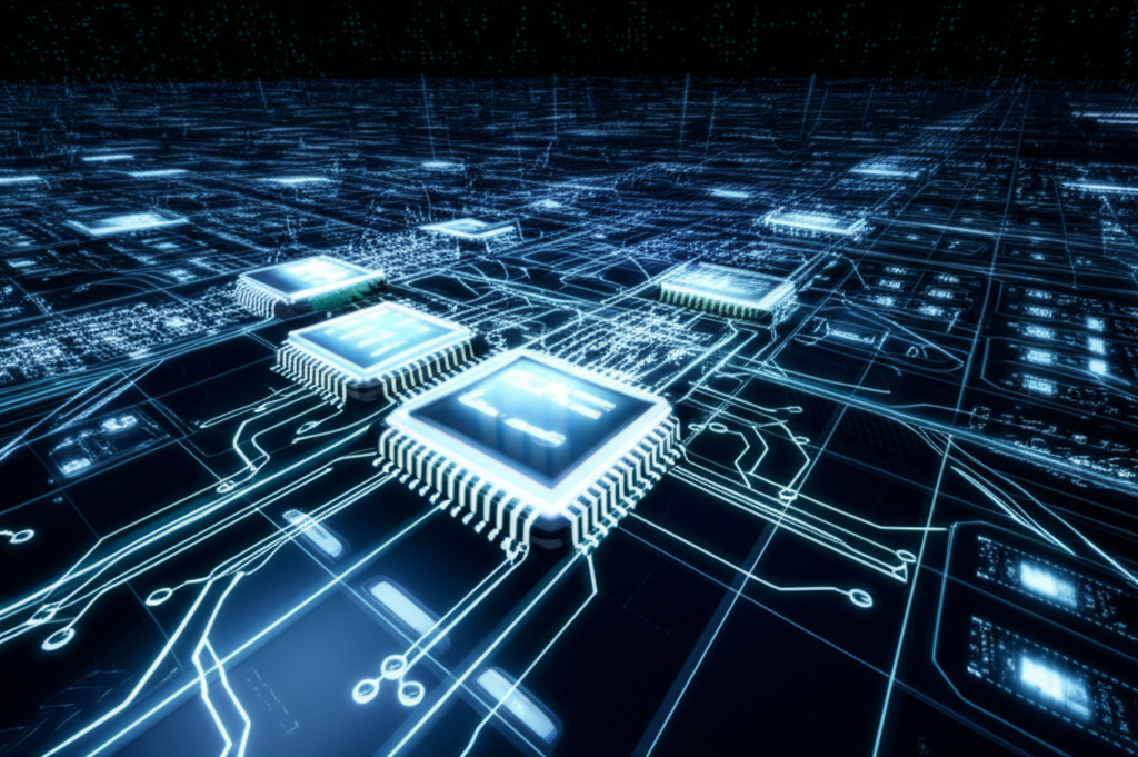 ภาพประกอบชิปต่างๆ ที่เชื่อมต่อกัน รวมถึงตัวแปลงข้อมูล เซ็นเซอร์ และจัดการพลังงานในฉากอนาคต