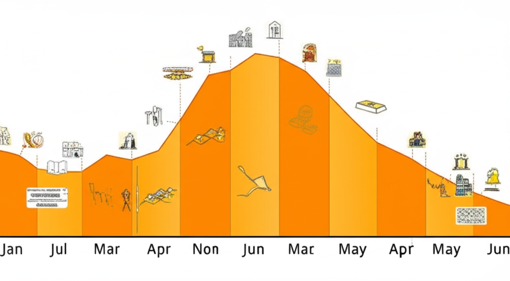 十年時間軸顯示黃金價格的高峰與低谷,伴隨全球經濟與政治事件的圖示影響市場