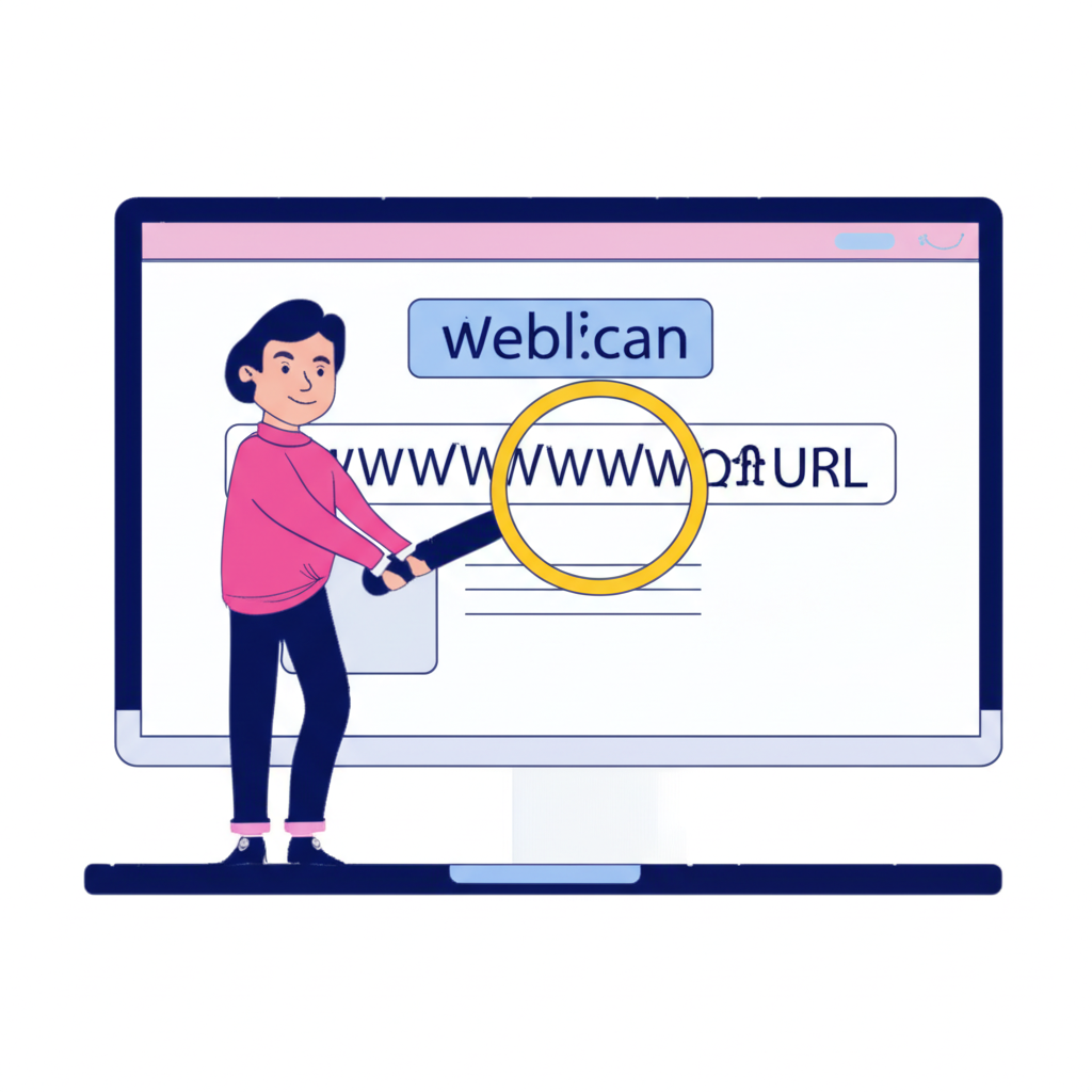 บุคคลตรวจสอบ URL และเนื้อหาเว็บไซต์บนแล็ปท็อปด้วยแว่นขยายเพื่อยืนยันความถูกต้อง