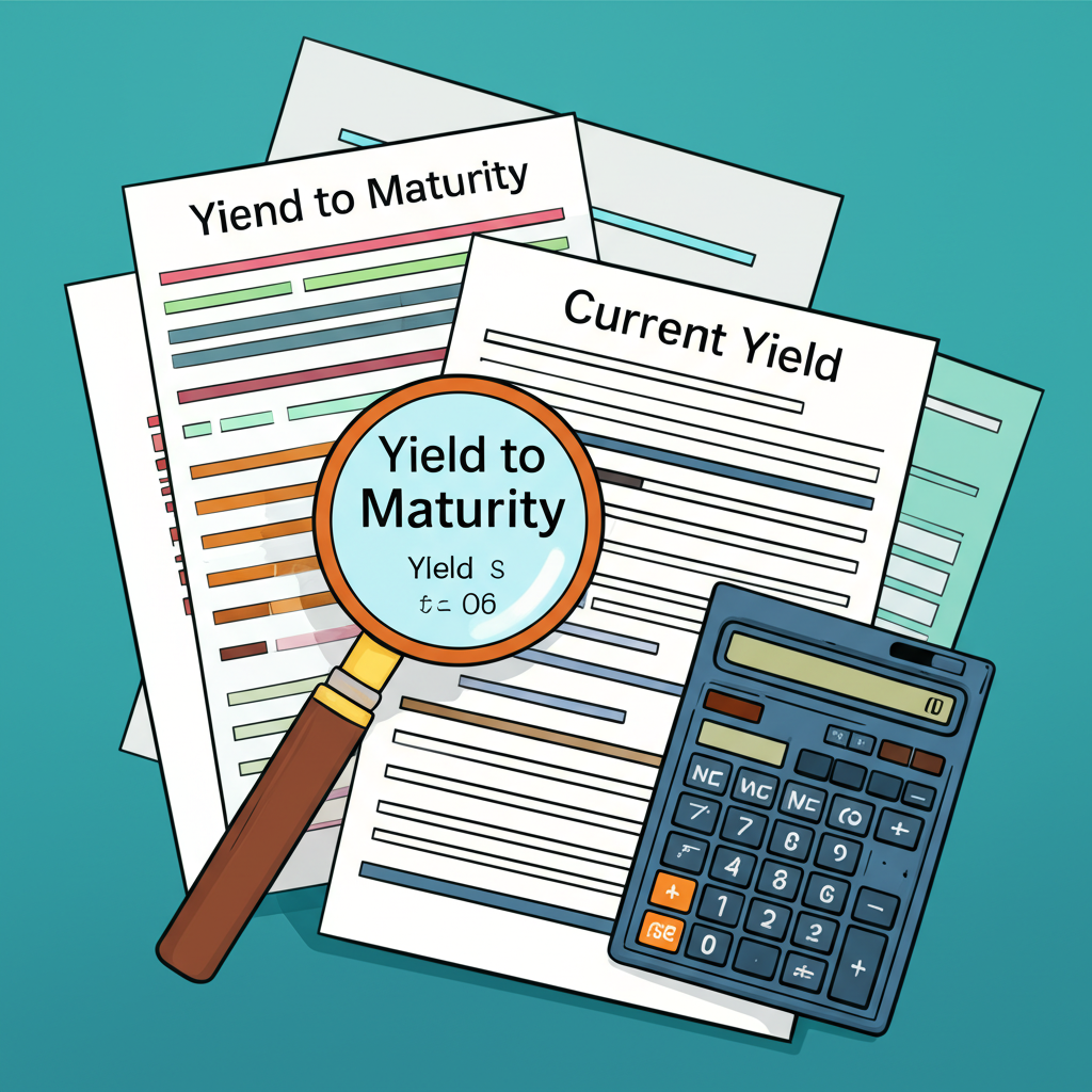 債券殖利率計算公式與到期殖利率範例的放大鏡與計算器圖示