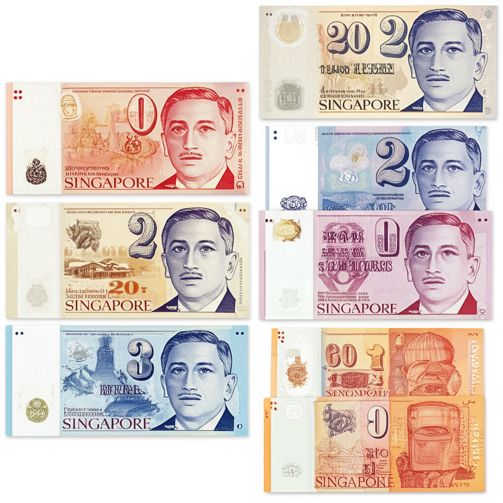 新加坡元紙鈔演進插圖,從蘭花系列到肖像系列,展示歷史設計與文化元素,反映新加坡轉型並突出防偽特徵