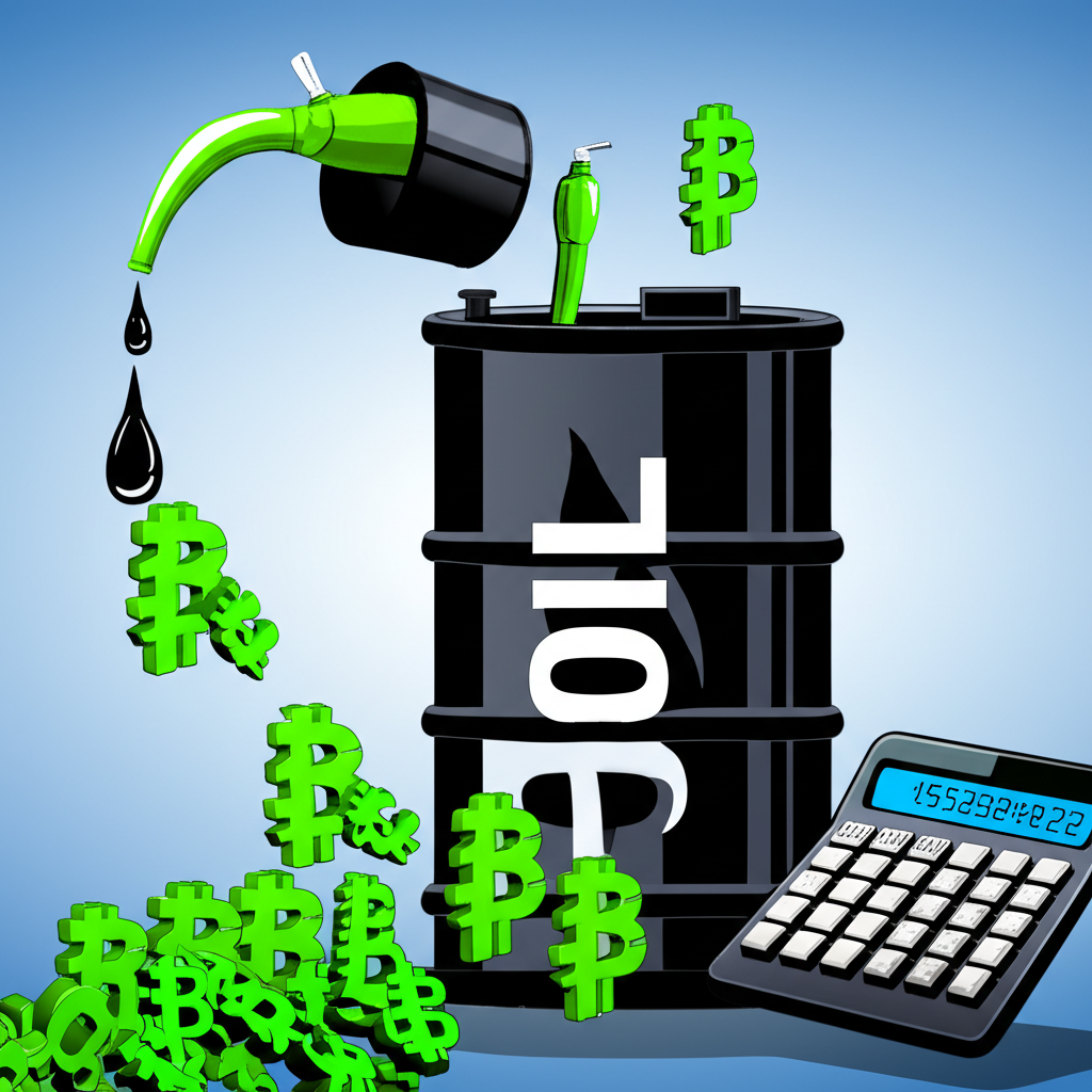 ภาพถังน้ำมันแปลงเป็นลิตรจำนวนมากและสัญลักษณ์เงินบาทไทยพร้อมเครื่องคิดเลข