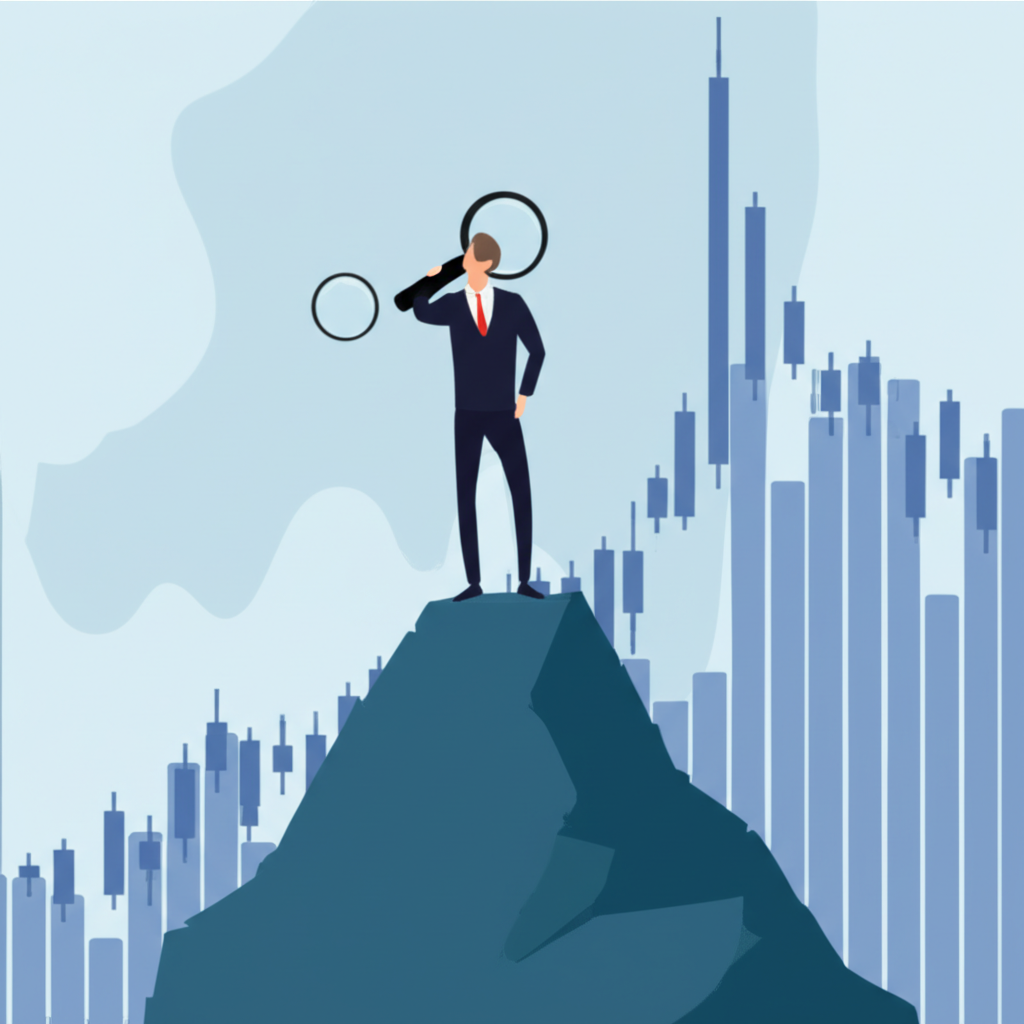 交易者觀察市場頂點,透過放大鏡檢視價格圖表與成交量柱狀,預測趨勢反轉與機構派發