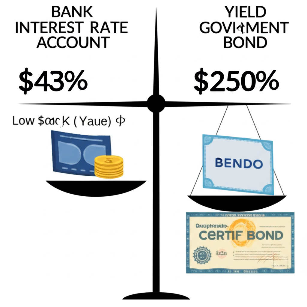 利率與殖利率區別的金融秤與政府債券圖示