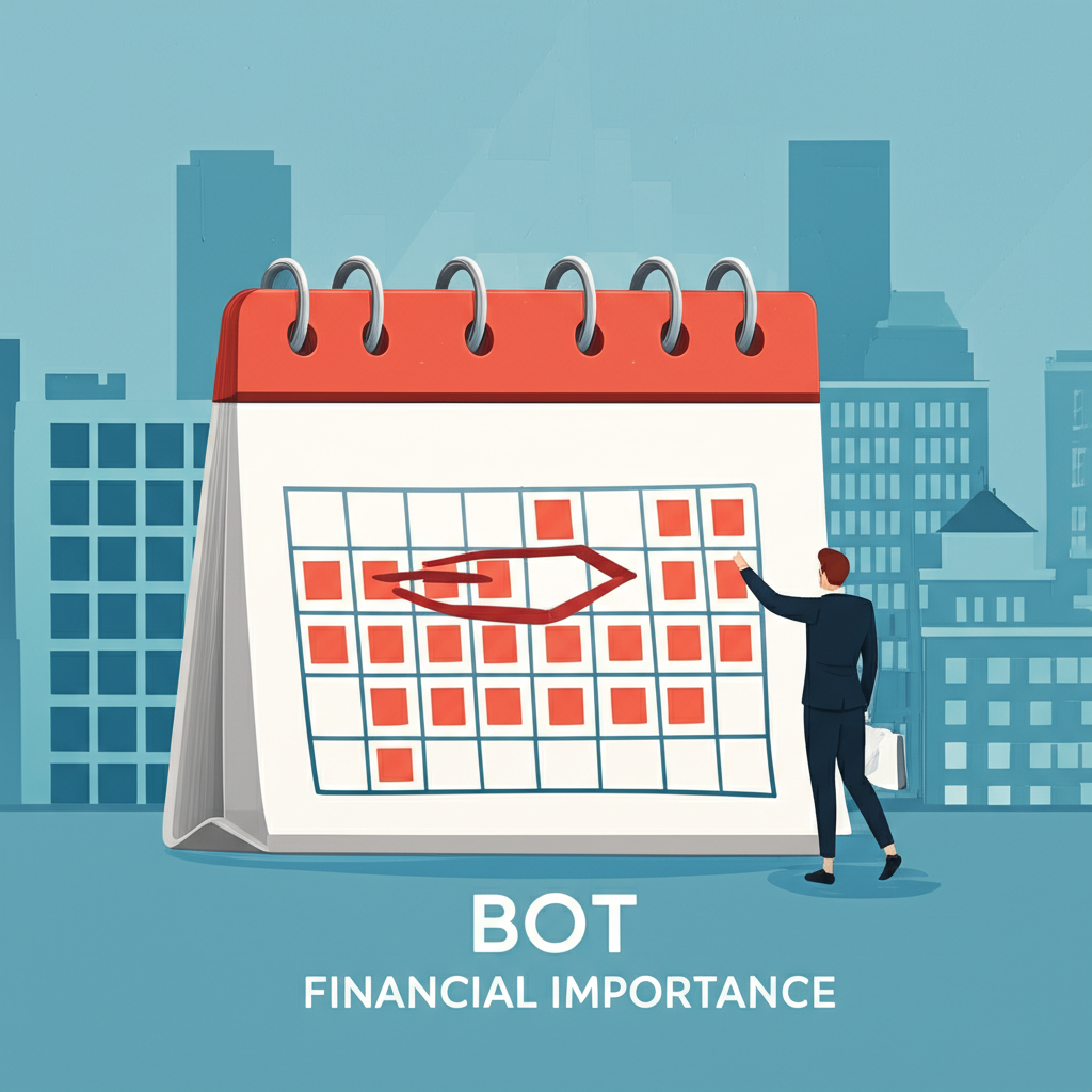 ภาพประกอบปฏิทินที่เน้นวันหยุดธนาคารพร้อมคนและอาคารธุรกิจในพื้นหลัง โลโก้ BOT ความสำคัญทางการเงิน