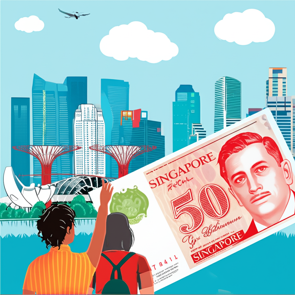 新加坡天際線插圖,展示濱海灣金沙與濱海灣花園,遊客注視新加坡元鈔票,融合金融與旅遊元素